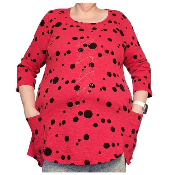 Vintage The Added Touch Top XL Wearable Art Red Circles Tunic Pockets USA - Picture 1 of 7